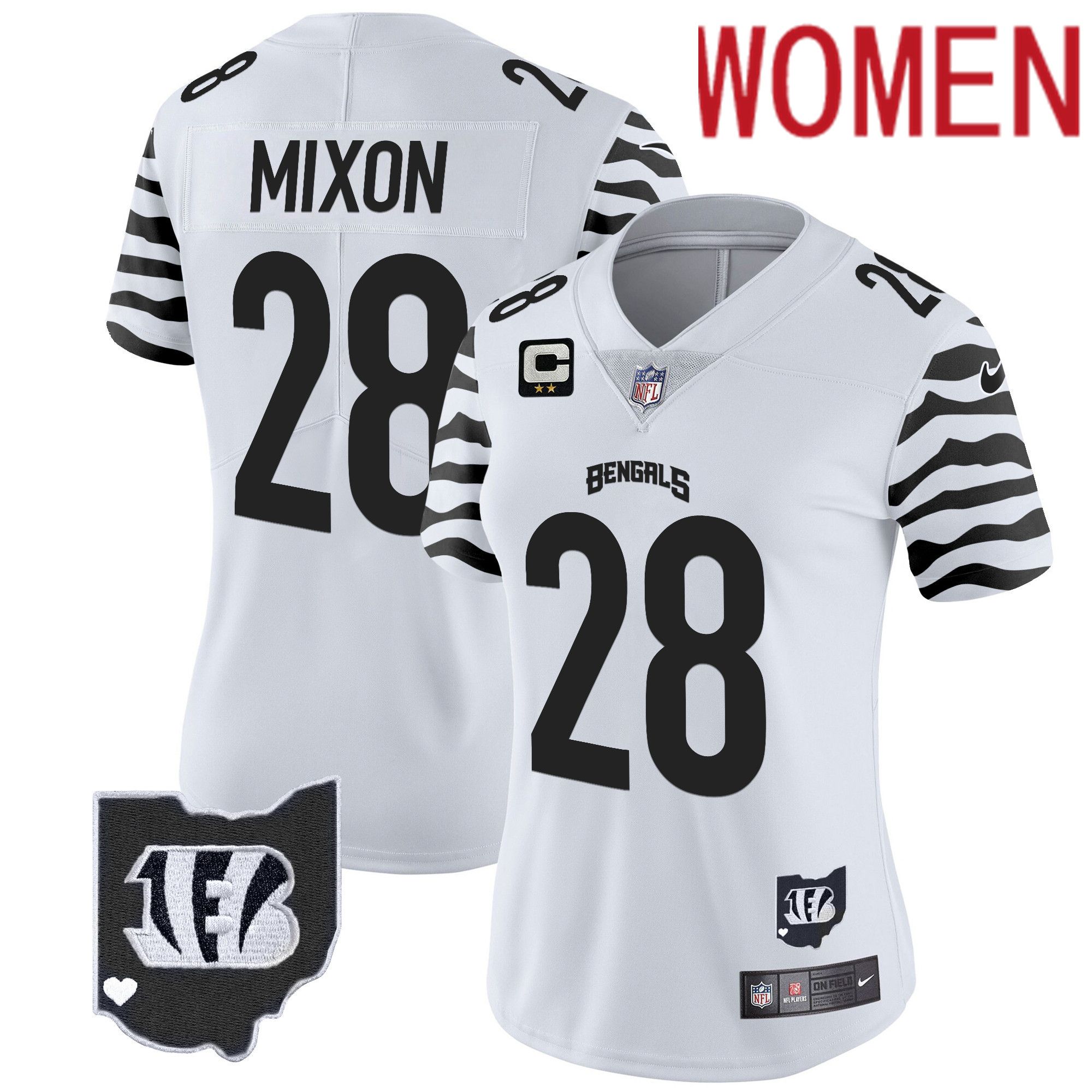 Women Cincinnati Bengals #28 Mixon White 2024 Nike Stripes Vapor Limited NFL Jersey
